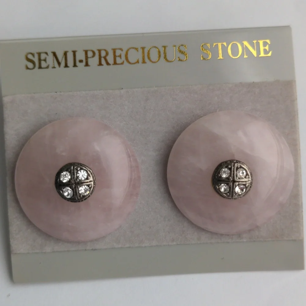 Rose Quartz Stud Earrings.  New,  Round With Crystal Accents, Pink, Macy's, NWT